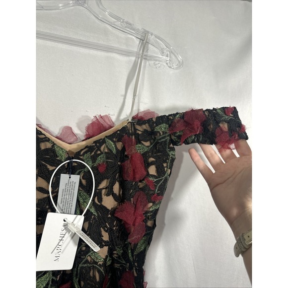 NEW $1095 Marchesa Notte [ 6 ] Guipure Lace Off Shoulder Gown Red Black #J2150 - Picture 16 of 16